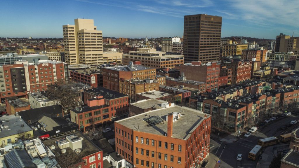 Syracuse skyline from Armory Square, looking towards the Federal building